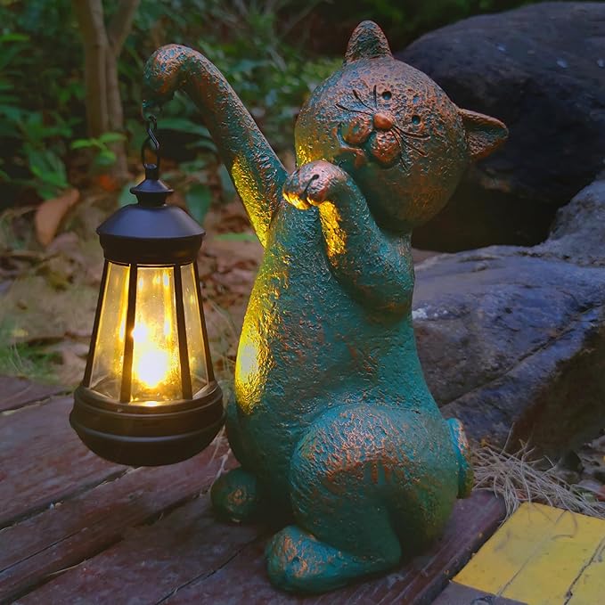 JOYBEE Garden Statues Cat with Solar Lantern Outdoor Decor-Cat Solar Figurines Lights Decorations for Patio Yard Lawn Ornaments-Gifts for Birthday Easter Housewarming-Ruum Studio Home