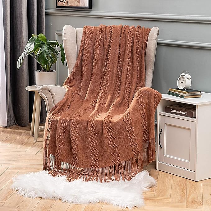 MIULEE Knitted Boho Throw Blanket for Couch Textured Knit Terracotta Rust Blanket with Tassels Cozy Woven Farmhouse Blanket for Sofa Bed Chair Wave Pattern Fall Decor 50"x60", Orange-Ruum Studio Home