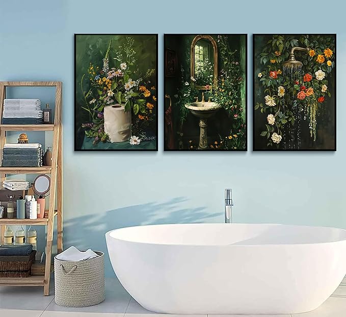 3Pcs Vintage Dark Green Bathroom Wall Art Shower Toilet Paper Roll Floral Poster Print Modern Farmhouse plants Painting Picture Wall Decor For Bathroom Living Room Decoration Unframed-Ruum Studio Home