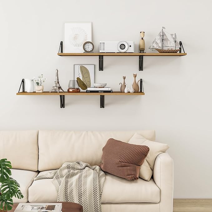 Heimlove Deep Floating Shelves for Wall, 12 Inch Deep Floating Shelves Set of 3, 16W x 12D Wood Wall Shelves, Wide Wood Shelves with Metal Bracket for Living Room, Kitchen, Office, Bedroom - Oak-Ruum Studio Home