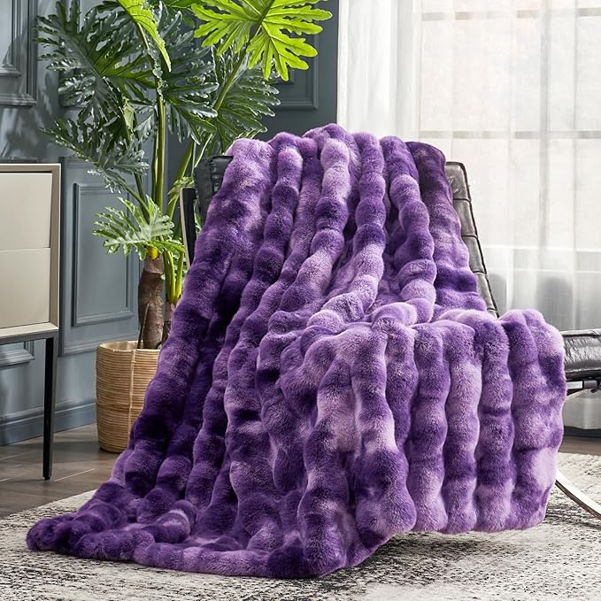 Cozy Bliss Faux Fur Throw Blanket for Couch, Fuzzy Soft Plush Thick Bubble Blanket for Sofa Bedroom Living Room, 50 * 60 Inches Tie-dye Purple-Ruum Studio Home