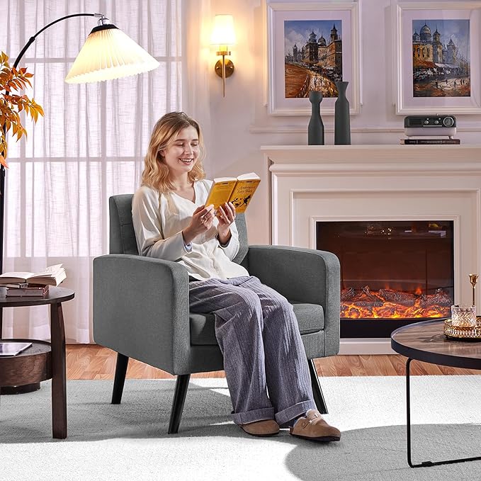 Yaheetech Mid-Century Accent Chairs, Modern Upholstered Living Room Chair, Cozy Armchair Button Tufted Back and Wood Legs for Bedroom/Office/Cafe, Set of 2, Gray-Ruum Studio Home