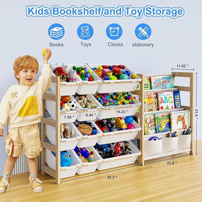 Large Toy Storage Organizer with Bookshelf, Toy Organizers and Storage with 12 Storage Bins, 4 Tier Multipurpose Toys Organizer Storage for Kids Room, Playroom, Nursery Room, White-Ruum Studio Home