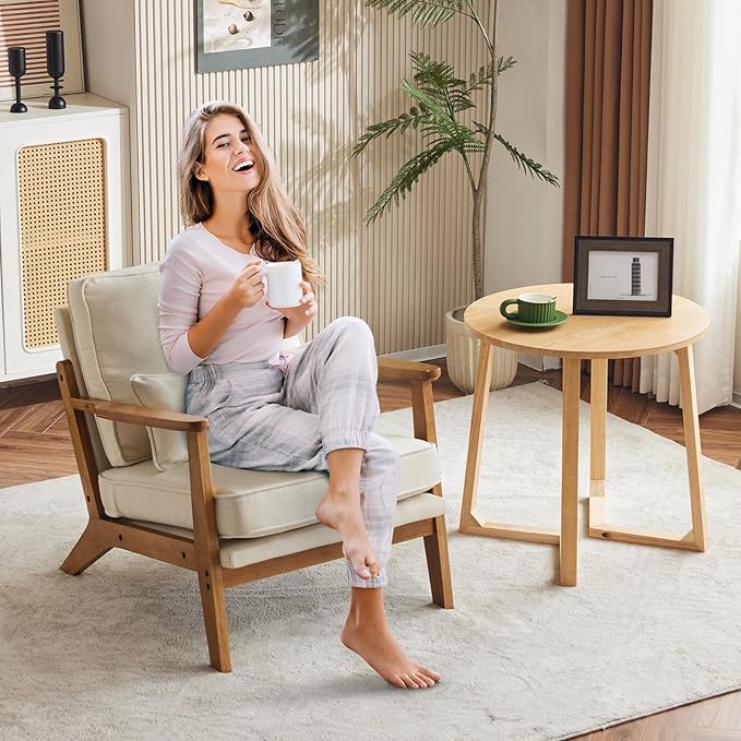 Karl home Accent Chair Wide Armrest Mid-Century Lounge Chair Linen Fabric Armchair with Lumbar Pillow & Solid Wood Frame for Living Room, Bedroom, Balcony, Beige-Ruum Studio Home