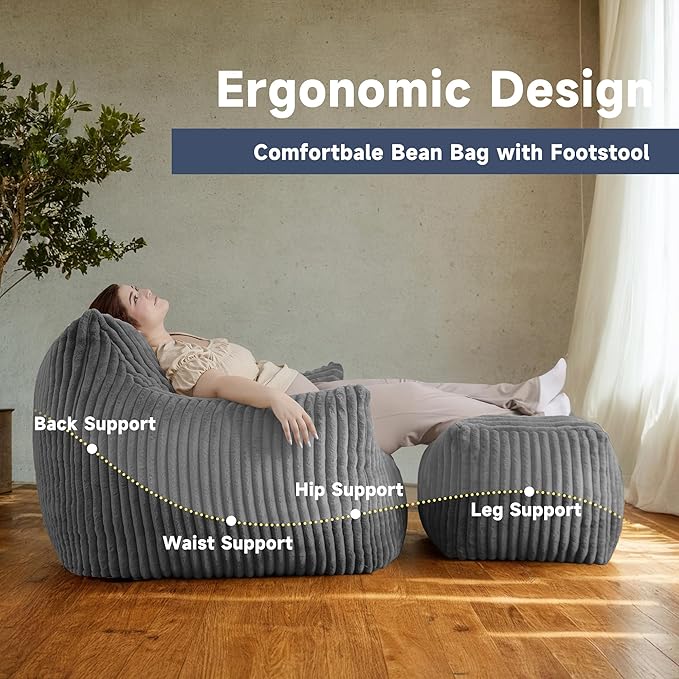 Giant Bean Bag Chairs for Adults, Oversized Chaise Lounge Chair Indoor with Memory Foam - Plush Boneless Lounger & Ottoman for Bedroom, Living Room, Gaming & Reading, Lazy Floor Sofa Chair, Gray-Ruum Studio Home
