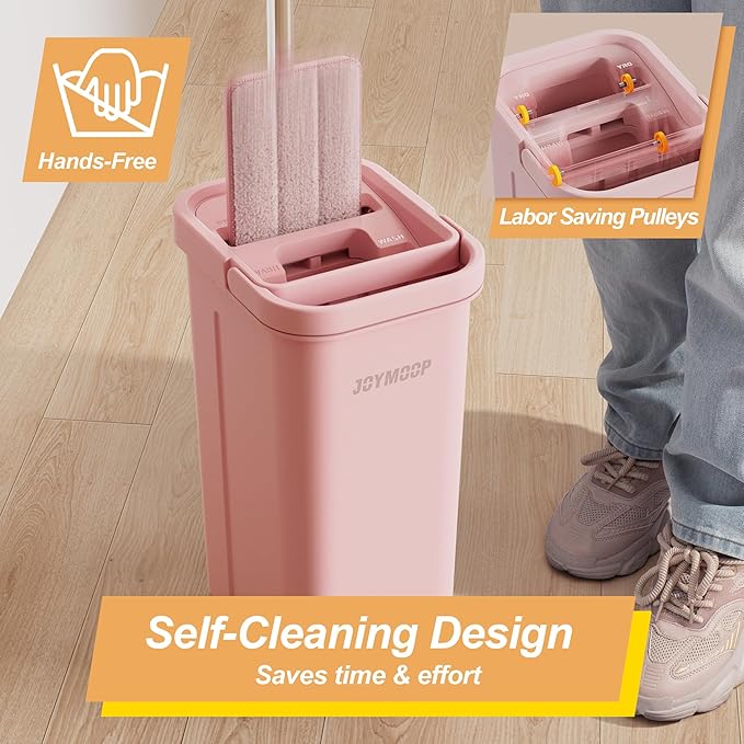 JOYMOOP Pink Mop and Bucket with Wringer Set for Home, with 3 Reusable Microfiber Mop Pads, Hands-Free Self-Cleaning System, Suitable for Floor Cleaning and Wall Cleaner-Ruum Studio Home