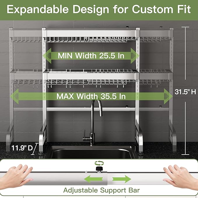 3 Tier Extra Large Stainless Steel Expandable Over The Sink Dish Drainer Drying Rack, Rust Proof Metal, Space Saving, Modern Silver Big Capacity Extendable Plate Strainers Above Kitchen Counter-Ruum Studio Home