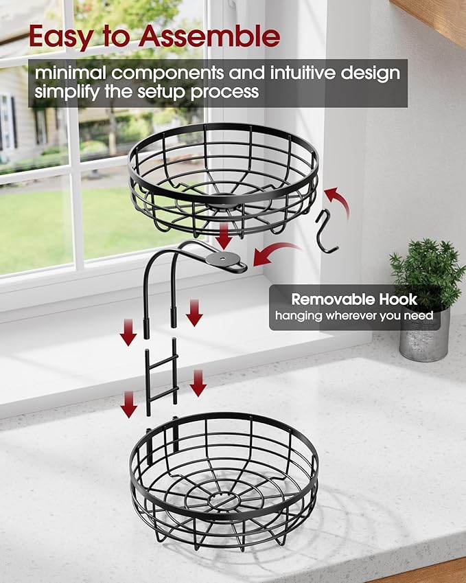 Fruit Basket for Kitchen Counter - 2-Tier Large Capacity Fruit Bowl with Detachable Banana Hanger, Rust-Proof Metal Fruit Holder for Vegetables, Bread, Toiletry,10" D x 10" W x 14" H, Black-Ruum Studio Home
