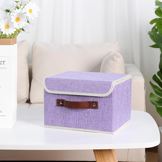 ANMINY 4PCS Storage Bins with Lid PU Leather Handles Storage Boxes PP Plastic Board Decorative Foldable Lidded Cotton Linen Fabric Home Cubes Baskets Closet Organizer Containers - Purple, Small Size-Ruum Studio Home