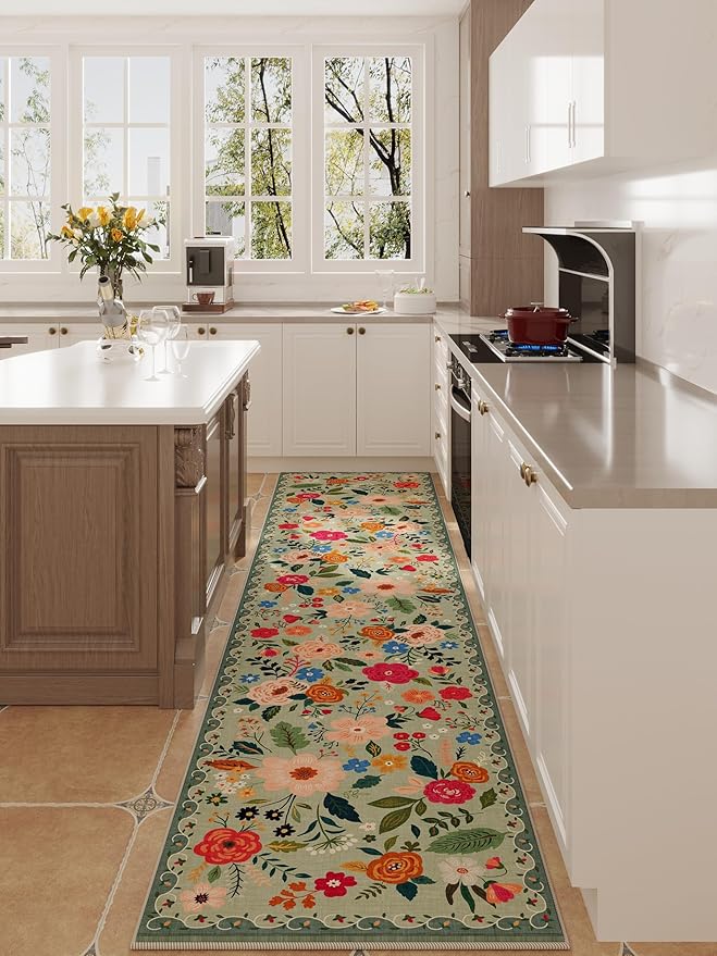 Runners for Hallways Kitchen Runner Rug Non Slip 2'x 10' Long Washable Rugs with Rubber Backing Soft Floral Carpet Runner for Hallways, Kitchen, Laundry, Bedroom, Bathroom(Green)-Ruum Studio Home