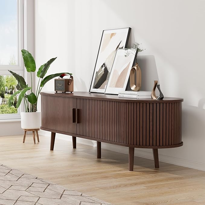55" Mid Century TV Stand, Fluted TV Stand Fits 32" to 60" TVs. Wood Entertainment Center for Living Room, Farmhouse Modern TV and Media Console Table with Storage, Curved Edge and Sliding Door, Walnut-Ruum Studio Home