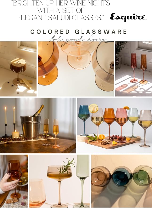 Saludi Colored Wine Glasses, 16.5oz (Set of 6) Stemmed Multi-Color Glass - Great for all Wine Types and Occasions - Luxury, Durable, Hand-Blown-Ruum Studio Home