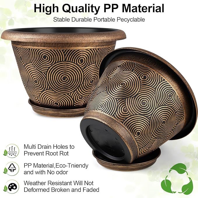14 Inch Large Planter Pot for Plants Indoor Outdoor, 4 Pack Plastic Flower Pots with Drainage Hole & Tray, Modern Decorative Garden Pot with Saucer, Plant Container for House-Ruum Studio Home