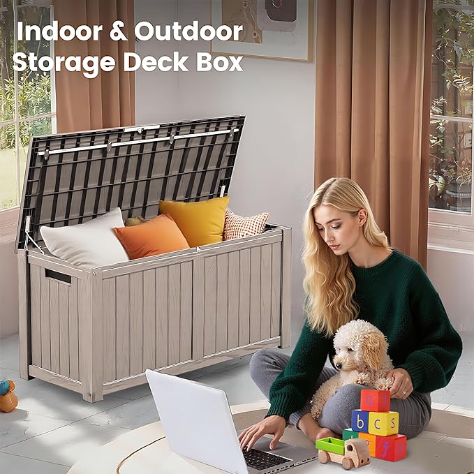 120 Outdoor Storage Box, Waterproof Resin Deck Box for Indoor & Outdoor Use, Lockable Storage Bench with Piston Hinge, Storage Bin for Patio Cushions, Garden Tools, Package Delivery, Grey-Ruum Studio Home