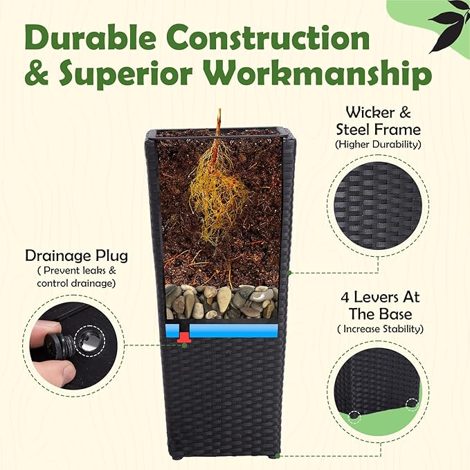 IDZO Wicker All-Weather Planter Set with Liners Tall Plant Decor Box for Outdoors Patio Herb Garden Furnishings - Rectangular Mocha-Ruum Studio Home