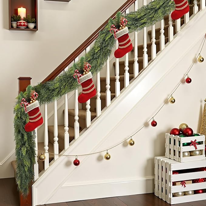 9 ft Christmas Garland, Cedar Garland, Real Touch Cypress Garlands, Green Artificial Greenery Garland for Mantel Indoor Outdoor Christmas Decorations-Ruum Studio Home