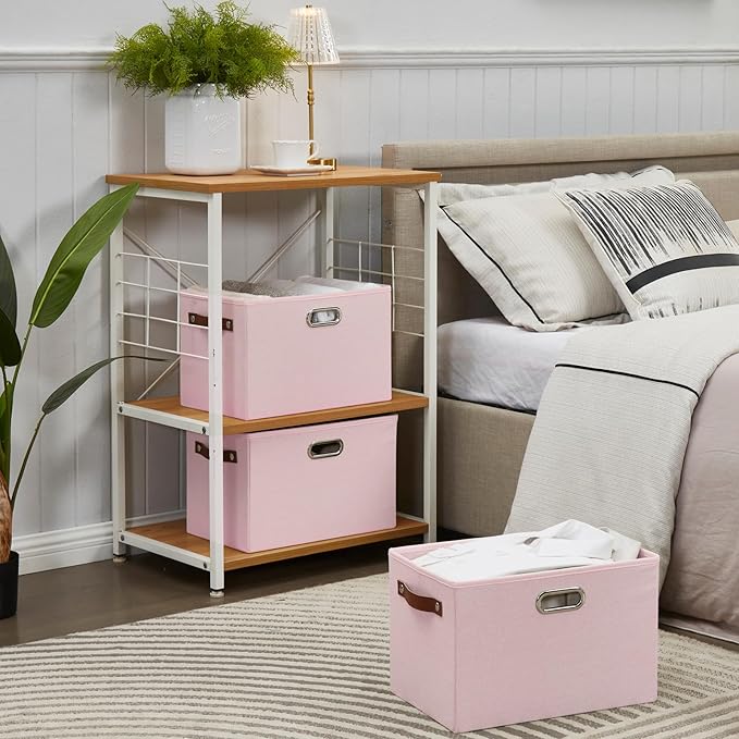 Large 3-Pack Foldable Fabric Storage Bins with Durable PU & Metal Handles, Collapsible Storage Baskets for Shelves, Home Storage, Closet Organizers, Living Room(14.9"x9.8"x9.8", Pink)-Ruum Studio Home