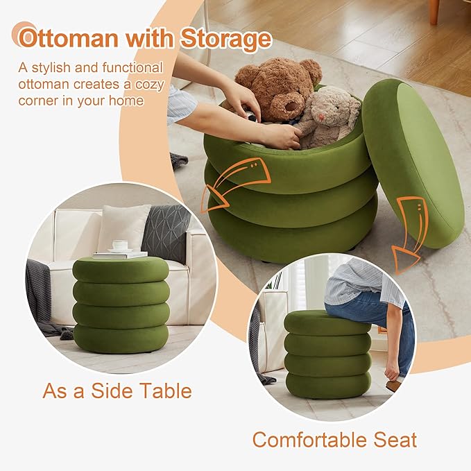 ONEVOG Round Storage Ottoman, 20" Small Ottomans Table with Removable Lid, Velvet Fabric Soft Footrest Stool for Couch, Upholstered Stuffed Circle Seat for Livingroom/Bedroom/Dorm/Vanity, Olive Green-Ruum Studio Home