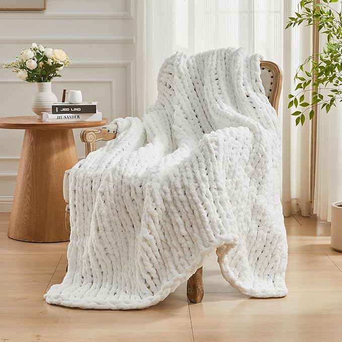 Carriediosa Chunky Knit Throw Blanket 60" X 80" Twin, 100% Hand Made Large Chenille Loop Yarn Soft Fluffy Throws for Couch Sofa Bed, Big Crochet Cozy Heavy Thick Cable Woven Blankets, Snow White-Ruum Studio Home