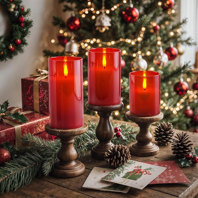 Homemory Red Glass Flameless Candles, Battery Operated LED Pillar Candles with Remote Control and Timer, Radiance Candles, Real Wax, Set of 3,D3 xH4 5" 6"-Ruum Studio Home