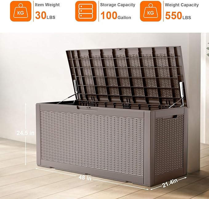 100 Gallon Resin Deck Box, Lockable Patio Outdoor Storage Box for Furniture, Garden Tools and Tools Storage, Waterproof Outside Storage Boxes - Grey-Ruum Studio Home