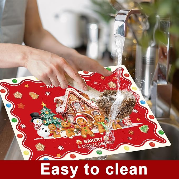 Christmas Placemats Set of 6 Christmas Retro Gingerbread Plastic Table Mats Xmas Bakery Gingerbread House Place Mats Winter Holiday Table Decoration for Indoor Outdoor Party Kitchen Dining-Ruum Studio Home