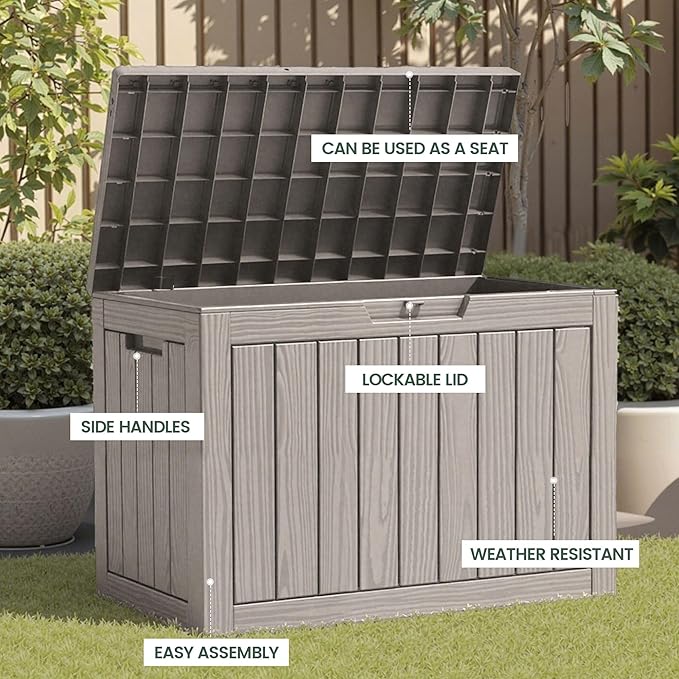 45 Outdoor Storage Box, Waterproof Resin Deck Box with Side Handles, Lockable Outdoor Bench for Indoor & Outdoor Use, Storage Bin for Patio Cushions, Garden Tools, Package Delivery, Grey-Ruum Studio Home
