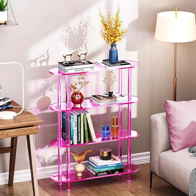 Clear Bookshelf, Acrylic Bookcase with Open Book Shelf Console Table for Entryway Office (4 Tier Pink)-Ruum Studio Home