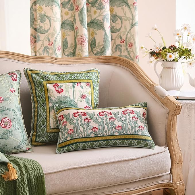 patdrea Designer Pack of 4 Throw Pillow Covers,French Vintage Rustic Linen with Green Floral Pattern Pillows Cover,Decorative Lumbar Square Pillowcases Cushion for Bed Living Room Outdoor Car-Ruum Studio Home