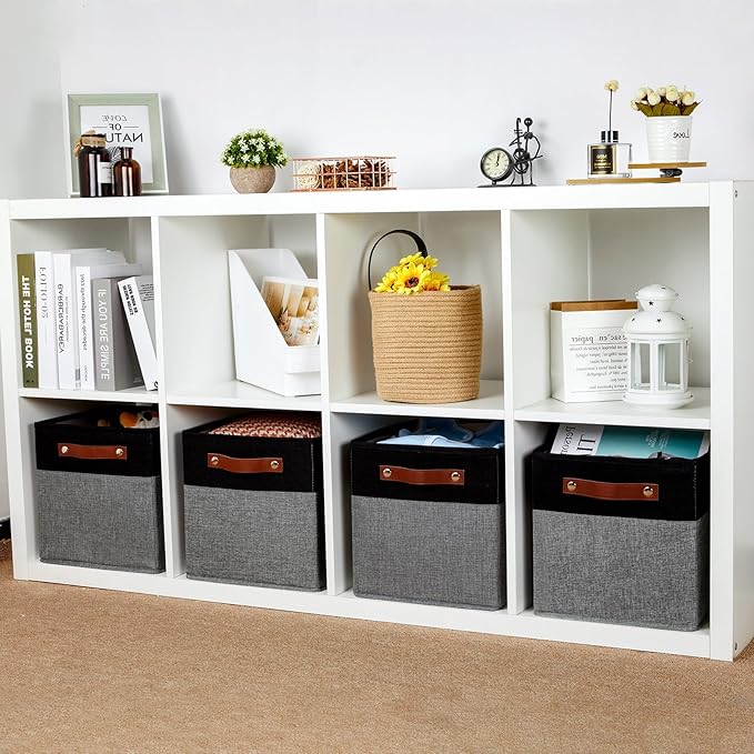 HNZIGE Fabric Cube Storage Baskets 11x11, Set of 4, Foldable Baskets with Handlesfor Organizer Closet(Black Gray)-Ruum Studio Home