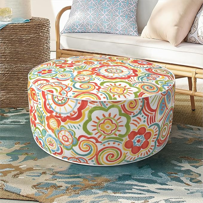 Inflatable Ottoman Stool D21 xH9 for Outdoor/Indoor Use, Water Repellent Patio Foot Rest Stool with Portable Handle,Round Pouf Ottoman Suitable for Garden,Deck and Camping - Flower Red-Ruum Studio Home