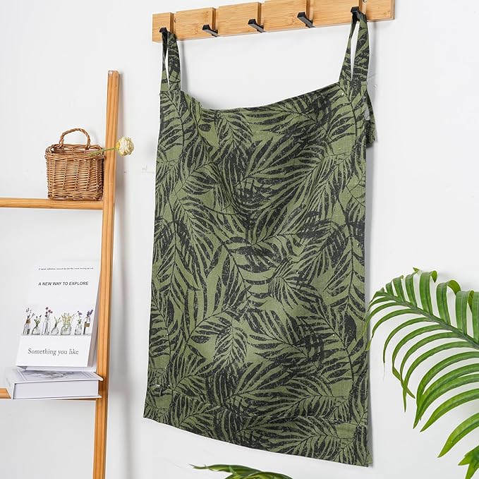 Linen Hanging Laundry Bag, 100% Linen Leaf Print Over The Door Laundry Hamper with Buttons and Zipper, Space Saving Door Hampers for Laundry Dirty Clothes Home Travel, Green, 19.7x27.5inches-Ruum Studio Home