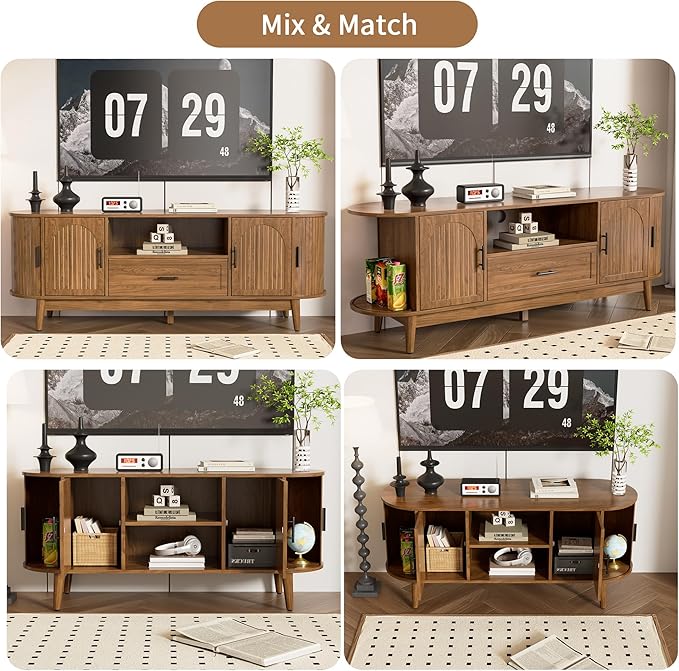 63" Fluted TV Stand for Tvs up to 70", Mid-Century Modern Entertainment Center with Drawers and Fluted Doors, Curved TV Media Console Table with Sliding Doors for Living Room, Bedroom (63")-Ruum Studio Home