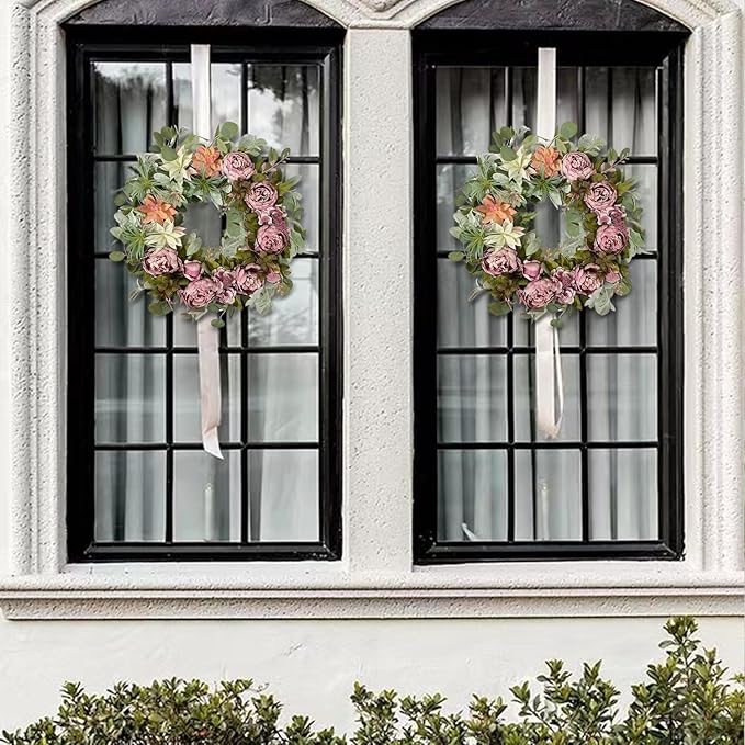 WANNA-CUL 24 Inch Spring Peony Wreaths for Front Door,Succulent Summer Wreath with Pink Peony Floral, Spring Front Door Decor with Succulent Arrangement Decoration-Ruum Studio Home