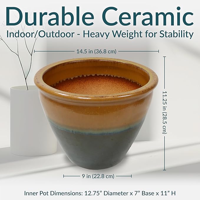 Sunnydaze Chalet Large Ceramic Plant Pot - Round Outdoor Glazed Ceramic Planter Pot with Drainage - Forest Lake Green - 14.5"-Ruum Studio Home