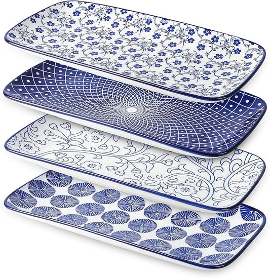 Selamica Ceramic Rectangular Salad Plates Set, Dinner Plate 9.4 Inch Dessert Plates for Party Entertaining, Small Serving Plates for Appetizers, Sushi, Fruit, Set of 4, Vintage Blue-Ruum Studio Home
