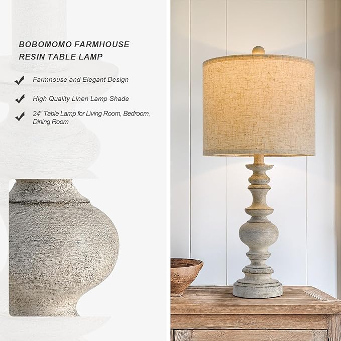 BOBOMOMO 24" Farmhouse Retro Table Lamp Set of 2, Traditional Resin Lamps for Living Room Bedroom, Vintage Bedroom Lamps with Linen Shades, Rustic Table Lamps for Living Room, Nursery, Office-Ruum Studio Home