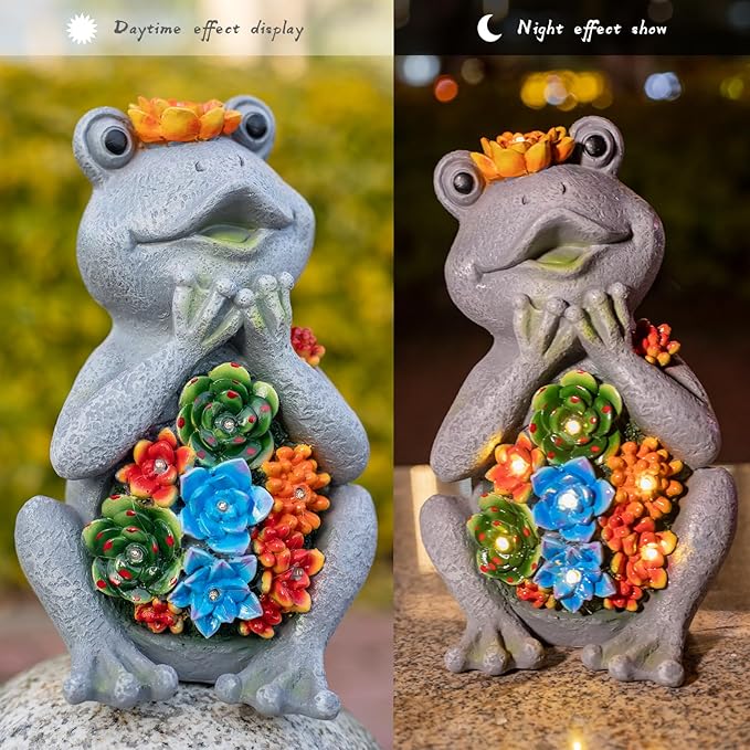 Frog Solar Figurine Light Statue Outdoor Gardening Gifts Decoration Garden Frogs Yard Decor Lamp With 8 Led Lights And Succulent Waterproof Patio Lawn Decor Housewarming Frog Gifts For Women-Ruum Studio Home
