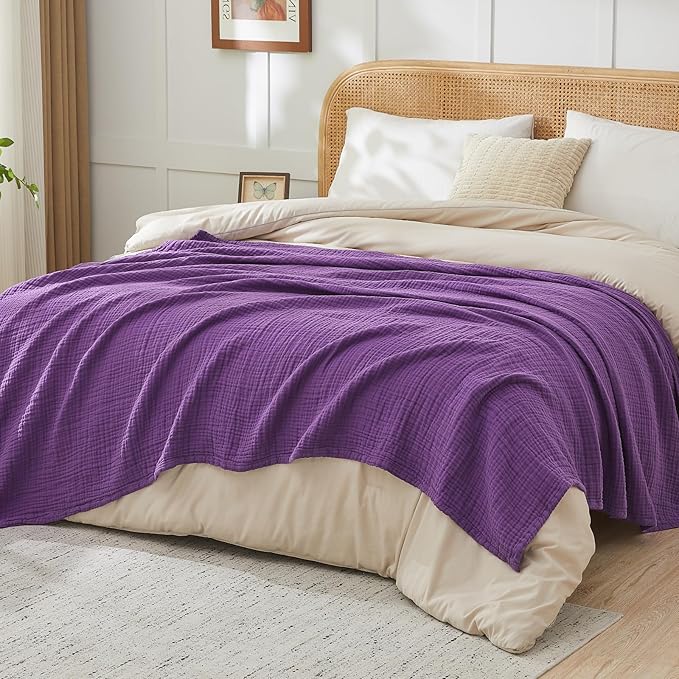 EMME Cotton Muslin Queen Blanket Bed Layering Breathable Gauze Blanket Soft Lightweight Blankets Adults (Purple, 90"x90")-Ruum Studio Home