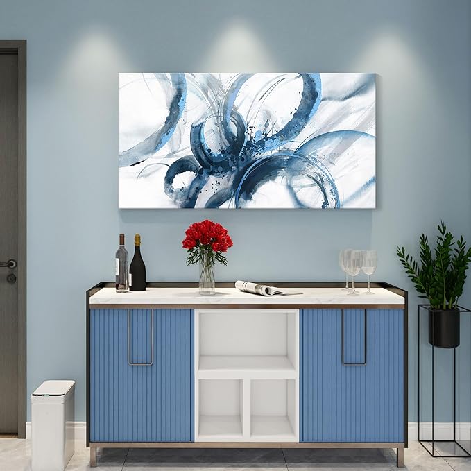 Blue Wall Art Large Pictures for Living Room Abstract Wall Decor Wall Decoration Print Pictures Canvas Framed Artwork Minimalist Paintings for Office Above Bed Wall Decor 24×48in-Ruum Studio Home