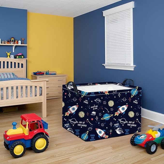 HIYAGON Rectangular Space Basket for Boys Baby Storage Basket Storage Bin Organizer Box Room Decor(Rocket Planet)-Ruum Studio Home