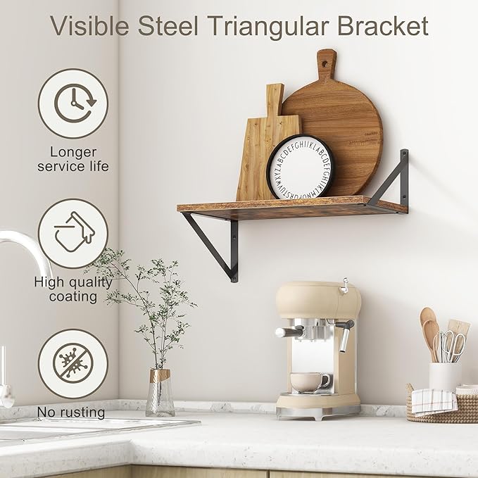 18"W x10"D Floating Shelves, Farmhouse Wall Shelves Home Decor Shelf, Deep Bathroom Shelves with Bracket, 10 Inch Deep Wall Shelf for Living Room, Kitchen, Bedroom, Rustic Brown, Set of 2-Ruum Studio Home