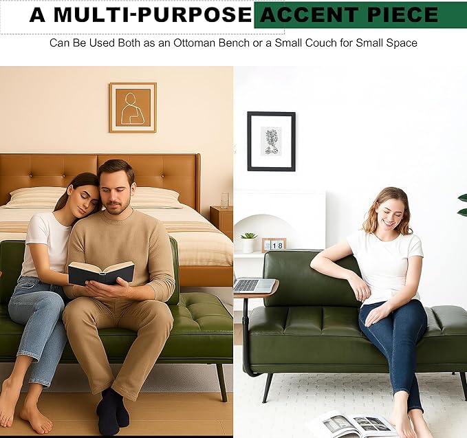Sofa,Bed Bench,Small Spaces Furniture,Polyurethane Leather,Wood Frame,High Density Sponge Infillings,360-Degree Swivel Tray,Black Metal Leg (Green)-Ruum Studio Home