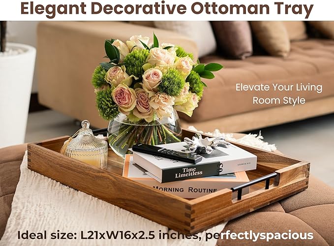 Acacia Wooden Ottoman Tray for Living Room – 21" Large Coffee Table Serving Tray with Handles & 6 Coasters Set, Perfect for Food, Drinks, Kitchen, and Home Decor-Ruum Studio Home