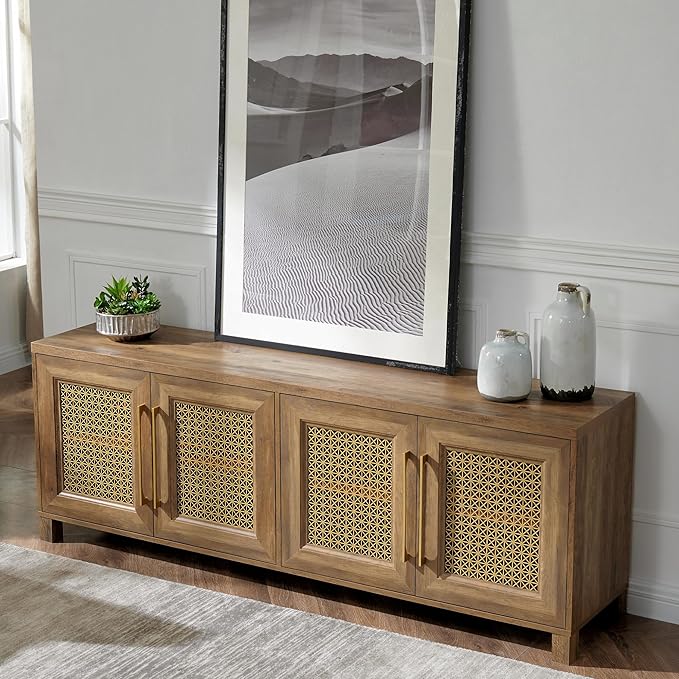 JYED Mid Century Modern TV Stand for TVs up to 75 Inch, with Hollow Metal Mesh Decorated，Boho TV Console with Storage Cabinet,Cable Holes, TV Stand for Living Room, 69.5"x15.6"x24.8", Rustic-Ruum Studio Home