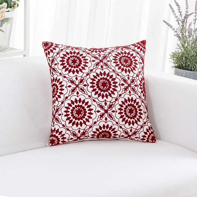 HWY 50 Red Decorative Throw Pillow Covers 18x18 Inch (1 Piece), Embroidered Cotton Farmhouse Cushion Cover Pillow Case for Sofa Couch Living Room Bed, Little Sunflower-Ruum Studio Home