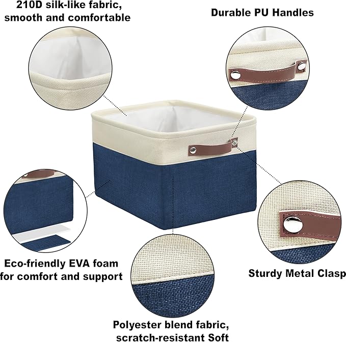 SIMPLE HOUSEWARE Large Fabric Storage Bin, 15" x 11" with Leather Like Handles, 3 Pack, Steel Blue-Ruum Studio Home