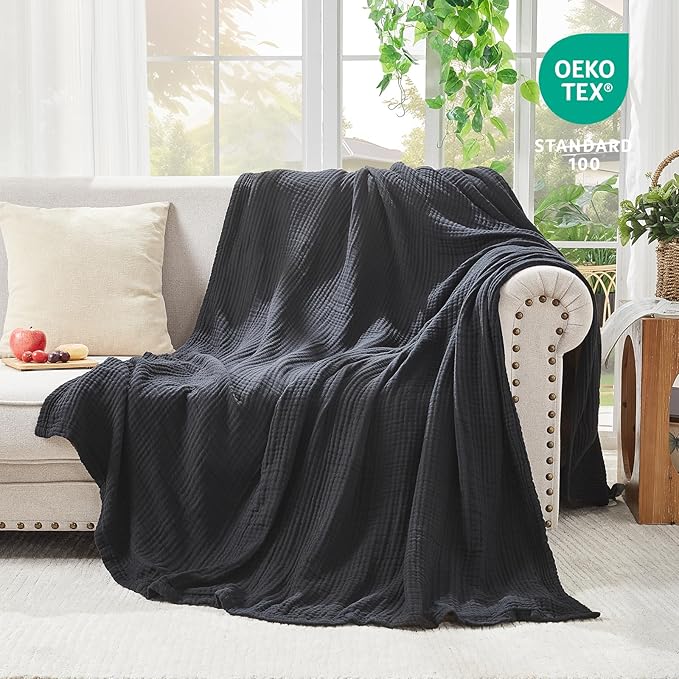 EMME Cotton Muslin Throw Blanket Couch Breathable Gauze Blanket Soft Lightweight Blankets Adults (Black, 50"x60")-Ruum Studio Home