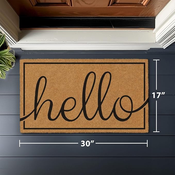 Barnyard Designs Natural Coco Coir Heavy Duty Backing Doormat - Large Cute Non-Slip Front Door Welcome Mat for Outside Entrance or Porch Entry, Brown (17x30, Hello)-Ruum Studio Home