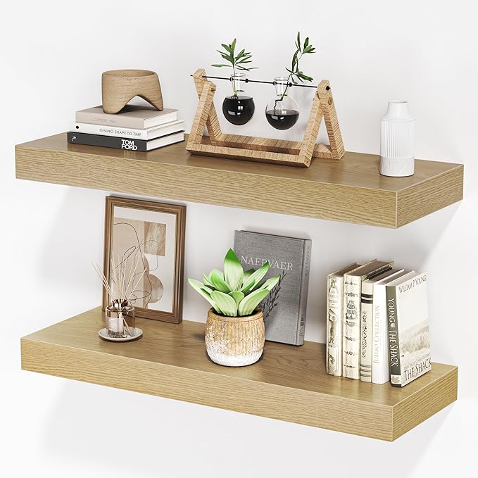 Floating Shelves for Wall, 24" W x 6.7" D x 1.5" H, Wooden Wall Mounted Display Shelves with Invisible Brackets for Living Room, Bedroom, Bathroom, Kitchen Decor and Storage, Set of 2, Oak-Ruum Studio Home